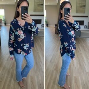 Blue Floral Long Sleeve Blouse - XS